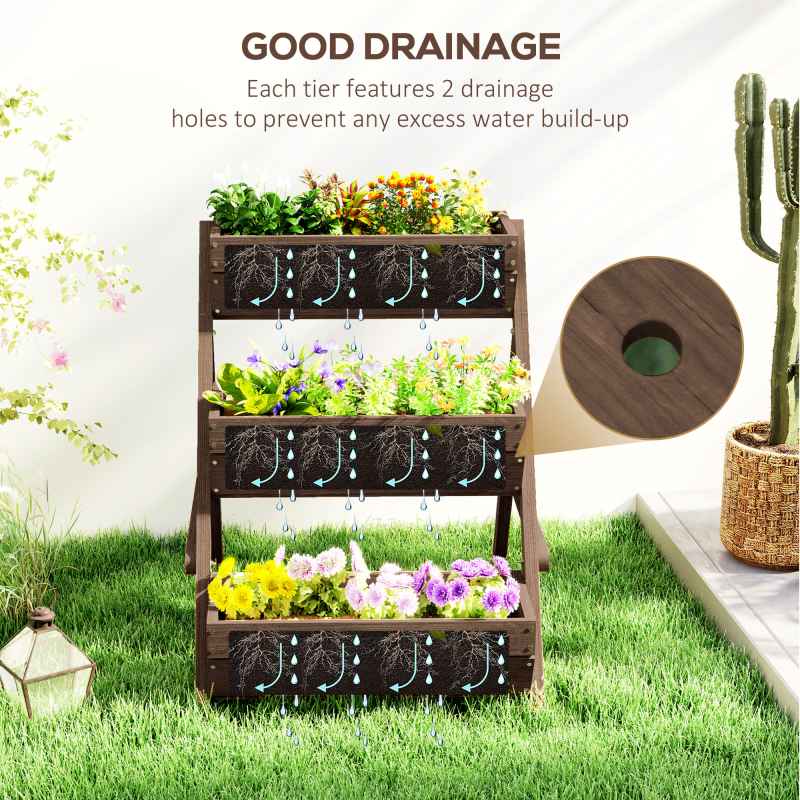 Outsunny 3 Tier 66L Raised Garden Bed Wooden Elevated Planter Box Kit for Flower, Vegetable, Herb, 65 x 75 x 76cm, Tan