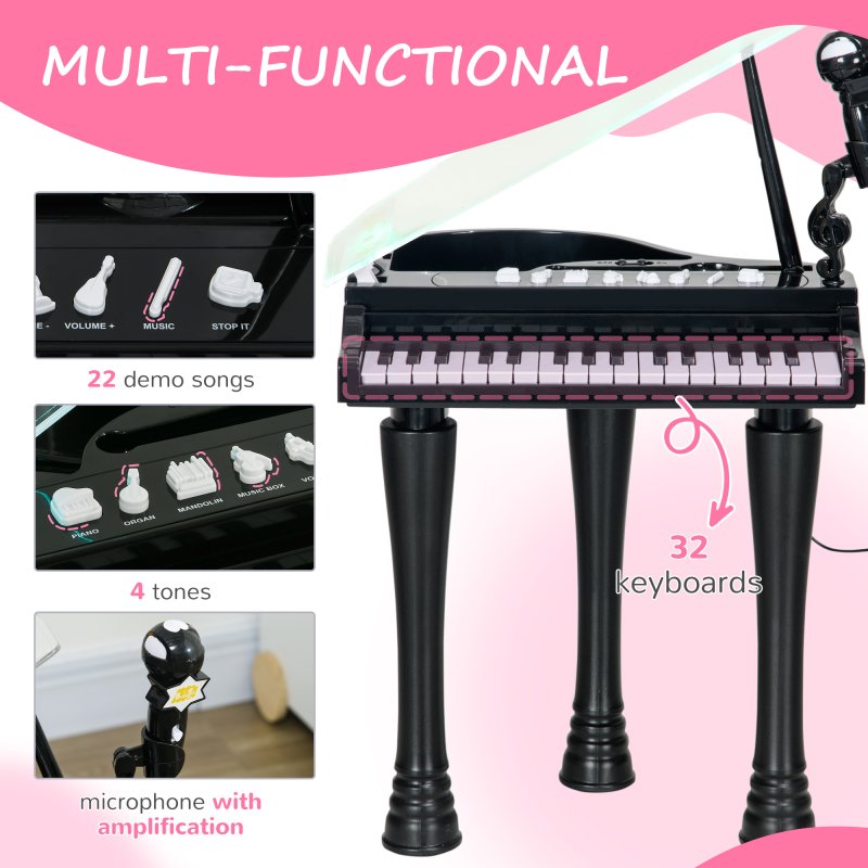 AIYAPLAY 32 Keys Kids Piano Keyboard with Stool, Lights, Microphone, Multiple Sounds, Removable Legs, Electronic Musical Instrument for Boys Girls, Black