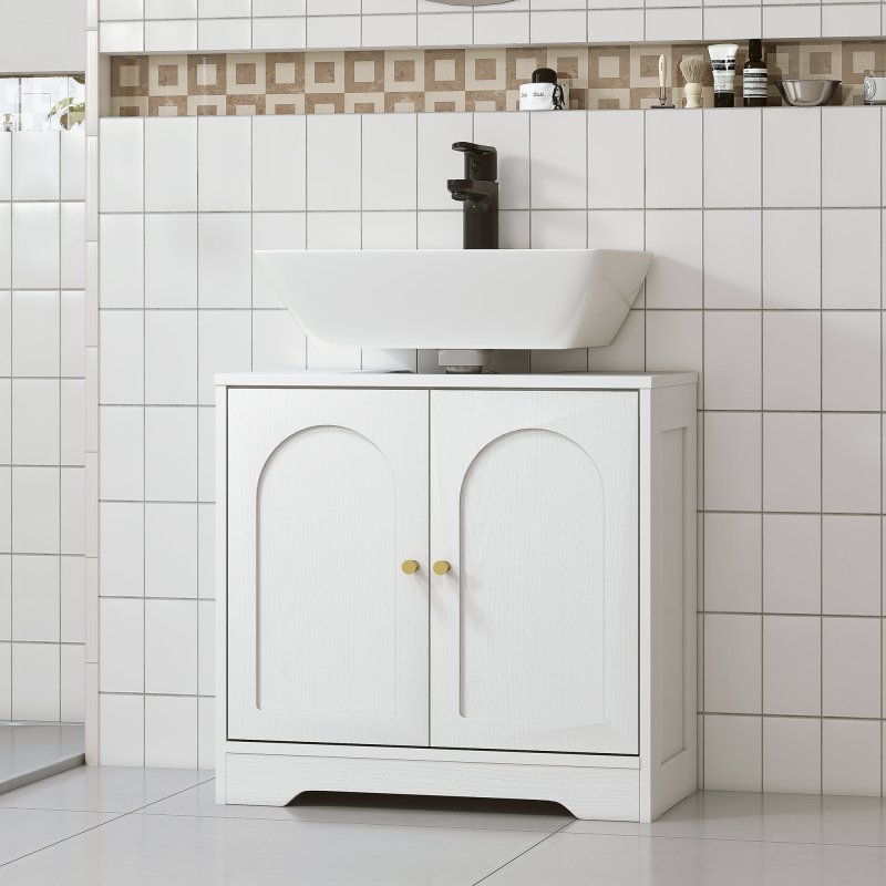 HOMCOM Under Sink Bathroom Cabinet, Freestanding Under Sink Cabinet with 2 Arch Doors and Adjustable Shelf for Basin without or with Pedestal, White
