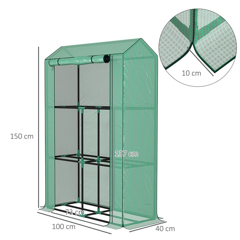 Outsunny 3 Tier Mini Greenhouse with Reinforced PE Cover, Portable Small Greenhouse with Roll-Up Door, 100 x 40 x 150cm, Green