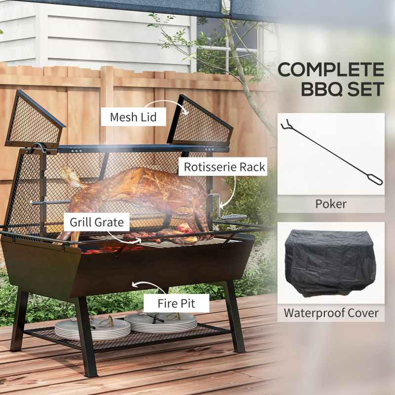 Outsunny 3-in-1 BBQ Rotisserie Grill Roaster Fire Pit with Storage Shelf, Mesh Lid and Poker, Charcoal Chicken Spit Roast Machine with Waterproof Cover for Outdoor Picnic Camping, Black