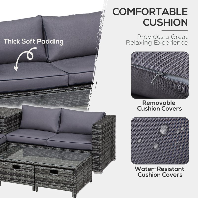Outsunny 4 Pieces Rattan Garden Furniture Set, 4 Seater Corner Sofa Set with Storage Box, 2 Drawers Coffee Table, Loveseats with Cushions, Wicker Garden Conservatory Furniture for Balcony, Grey