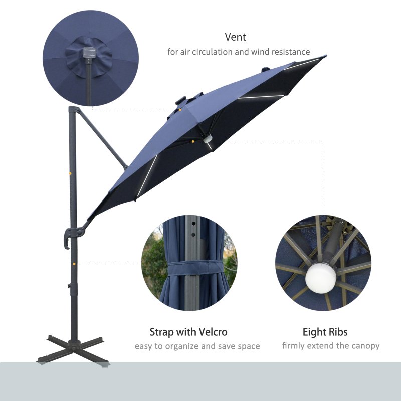 Outsunny 3(m) Cantilever Roma Parasol Garden Sun Umbrella Outdoor Patio with 360 Rotation Crank & Tilt Aluminium Frame LED Solar Light Cross Base, Blue