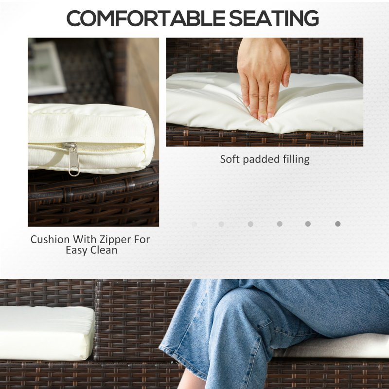 Outsunny 2 Seat Rattan Garden Bench, Patio Wicker Chair with Glass Tea Table, Outdoor Love Seat with Padded Cushions, for Garden, Porch, Brown/Cream White