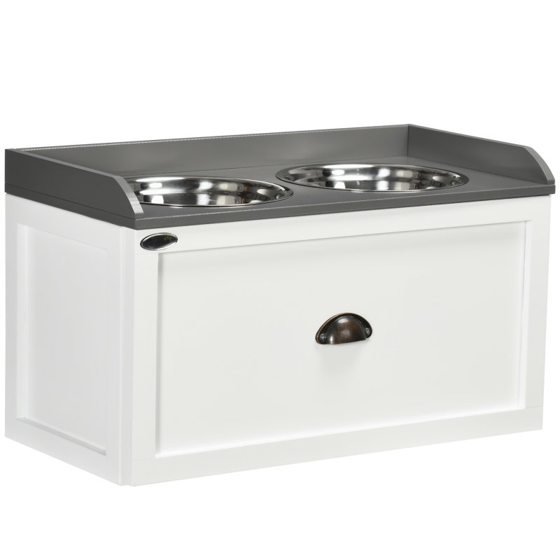 PawHut Stainless Steel Raised Dog Bowls, Double Dog Food and Water Bowl w/ 21L Storage Drawer, for Large Dogs - White