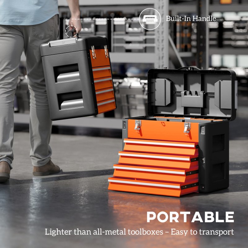 HOMCOM 4 Drawers Large Tool Box, Powder Coated Steel Toolbox with Top Tray, Mini Parts Boxes, Ball Bearing Runners, Handle, Heavy Duty Tool Chest for Workshop, Garage, 497mm x 253mm x 407mm, Orange