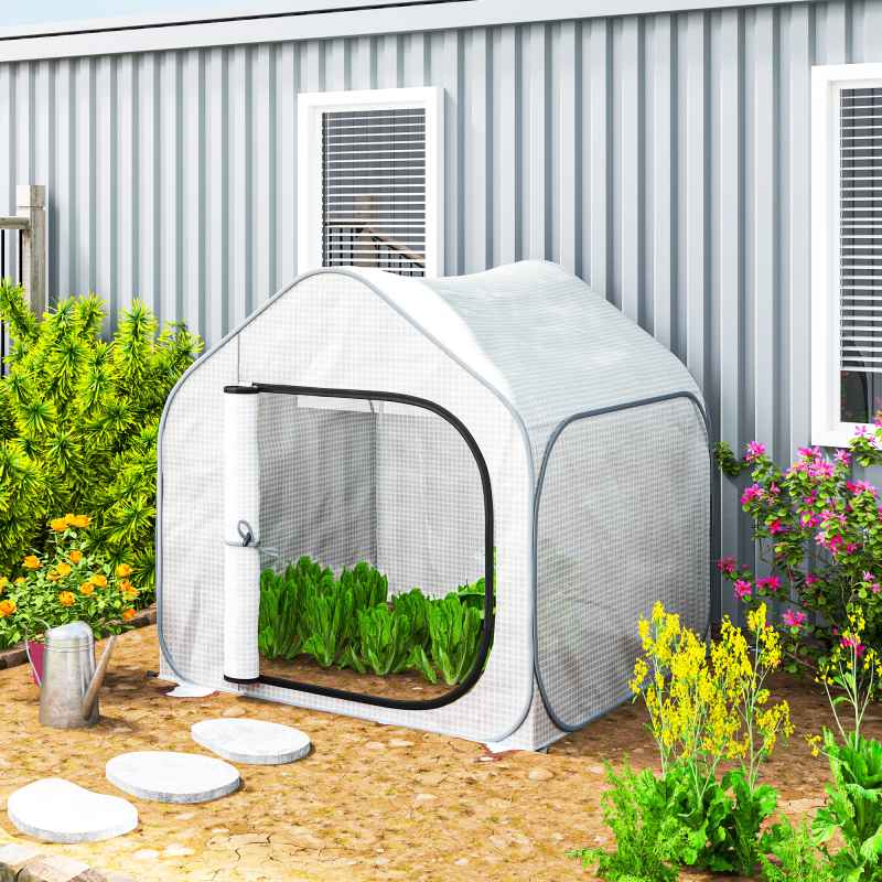 Outsunny Mini Pop Up Greenhouse with Reinforced PE Cover, Foldable Small Greenhouse with Zipper Door for Indoor Outdoor, 150 x 148 x 148 cm, White