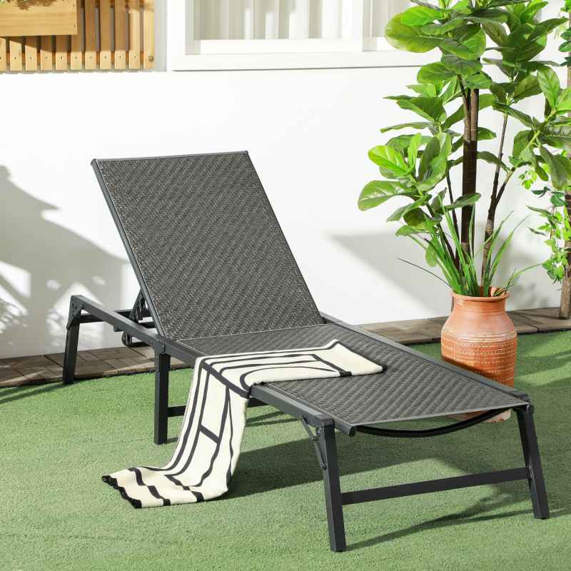 Outsunny Foldable Outdoor PE Rattan Sun Lounger, Patio Wicker Recliners Lounge Chair w/ 5-Level Adjustable Backrest, for Poolside, Garden, Grey