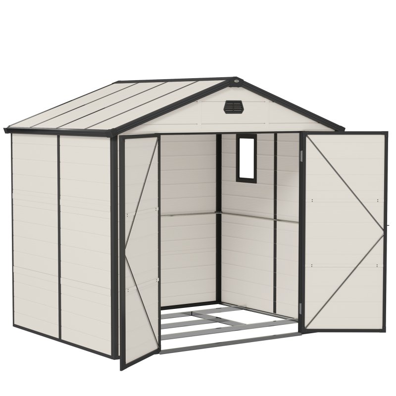Outsunny 8 x 6ft Plastic Garden Storage Shed with Foundation Kit, Polypropylene Outdoor Storage Tool House with Ventilation Slots and Lockable Door, Cream White