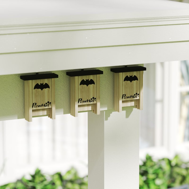 PawHut Bat Boxes, Pack of 3 Wooden Bat Houses for Outdoor, Garden, Farm, Easy for Bat to Land and Roost, Designed to Attract Bats & Easy to Hang, 18 x 6 x 22.5 cm