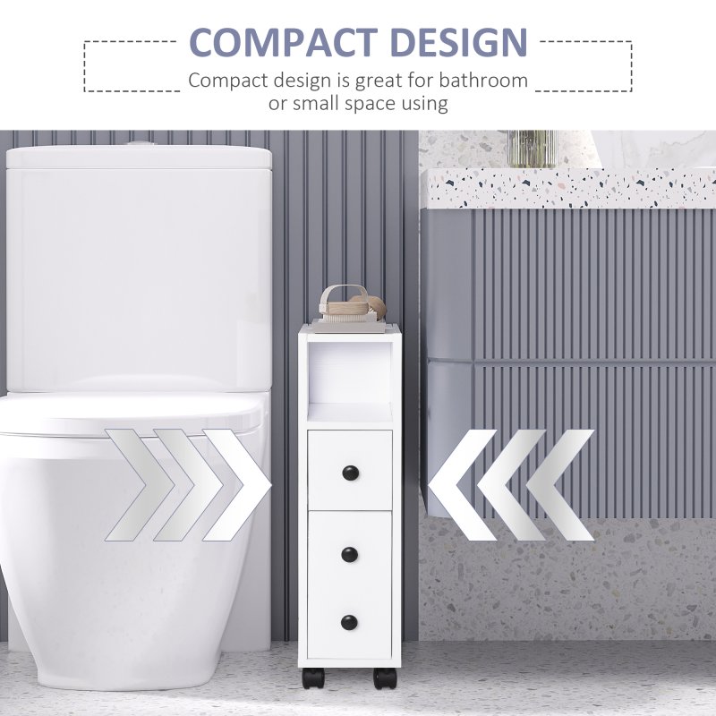 kleankin Slimline Bathroom Storage Unit w/ 2 Drawers 2 Open Compartments Wheels Handles Freestanding Compact Home Office Furniture 