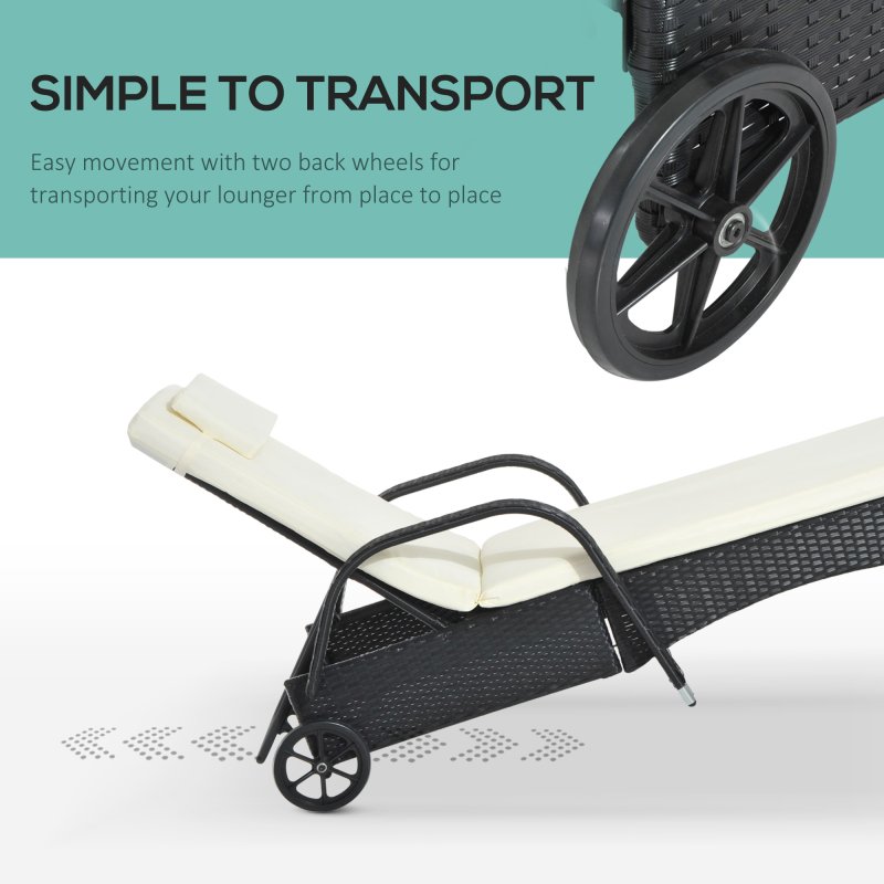 Outsunny Rattan Sun Lounger, Garden Lounger Recliner with Wheels and Adjustable Backrest, Outdoor Reclining Sunbed Garden Chair with Cushion and Headrest for Patio, Beach, Terrace, Black