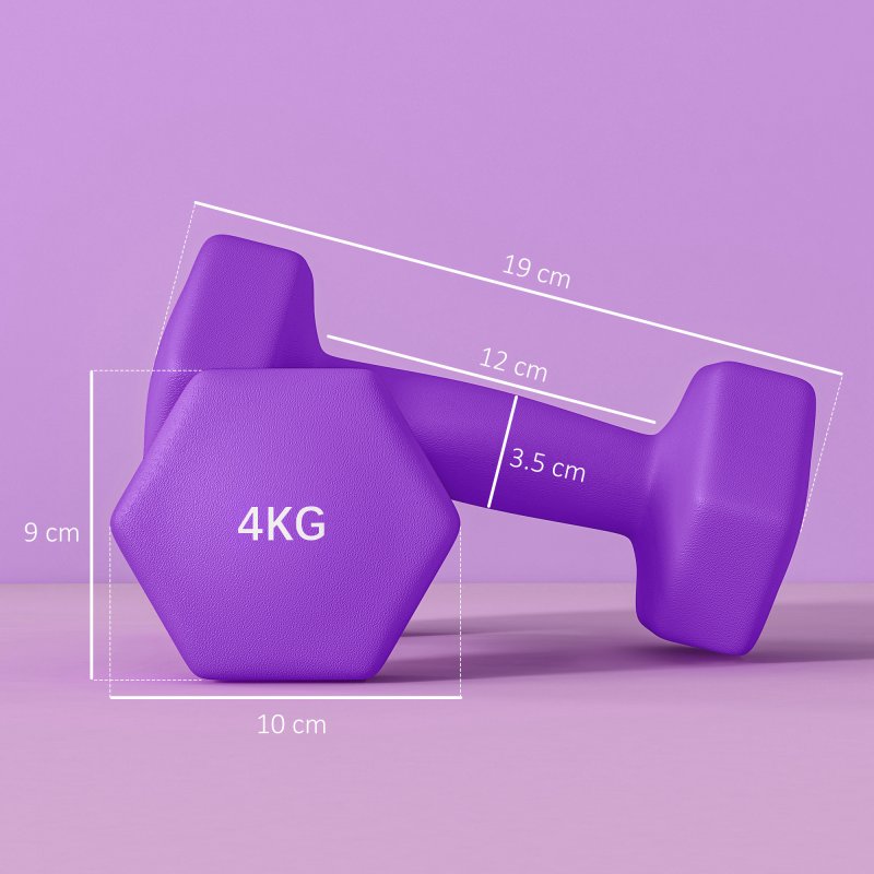 SPORTNOW Set of 2 Hex Dumbbells, Neoprene Weights Pair with Non-Slip Grip, Home Gym Fitness Training Equipment, 2 x 4kg, Purple