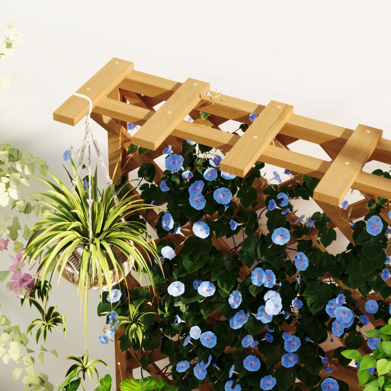 Outsunny Wooden Planter with Trellis, Freestanding Raised Garden Bed with Drainage Holes, Outdoor Planter Box with Liner for Vegetables, Herbs and Flowers, Natural