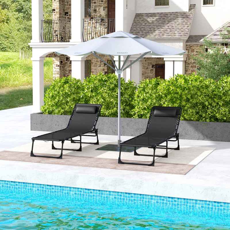 Outsunny 2 Piece Foldable Sun Lounger, Outdoor 4 Level Adjustable Backrest Reclining Chaise Chair, Steel Frame Recliner Chair for Camping, Hiking, Black