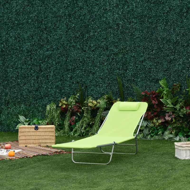 Outsunny Outdoor Foldable Sun Lounger, Adjustable Backrest Garden Recliner Sun Lounger Chair with Headrest Pillow, Green