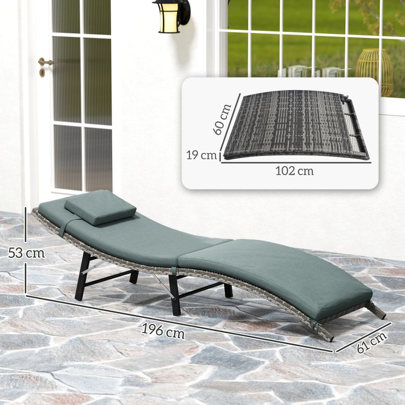 Outsunny Folding Rattan Sun Lounger, Wicker Garden Lounger with Cushion and Pillow, Outdoor Sunbed with Steel Frame for Patio, Beach, Terrace, Mixed Grey