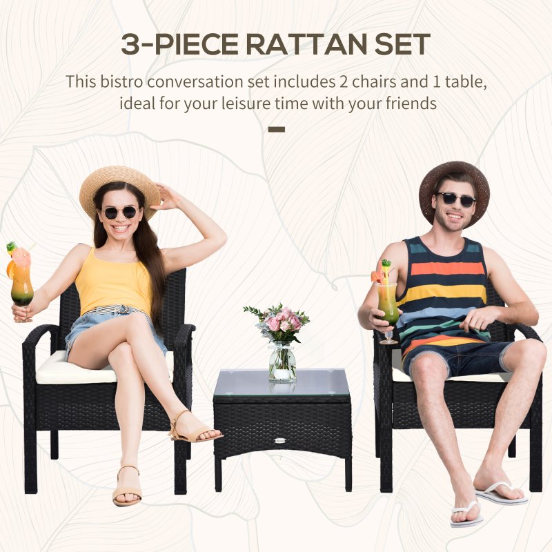 Outsunny 3 Pieces Rattan Bistro Set, Wicker Garden Furniture Set with Glass Top Coffee Table and Chairs, Washable Cushions for Outdoor, Patio, Balcony, Black