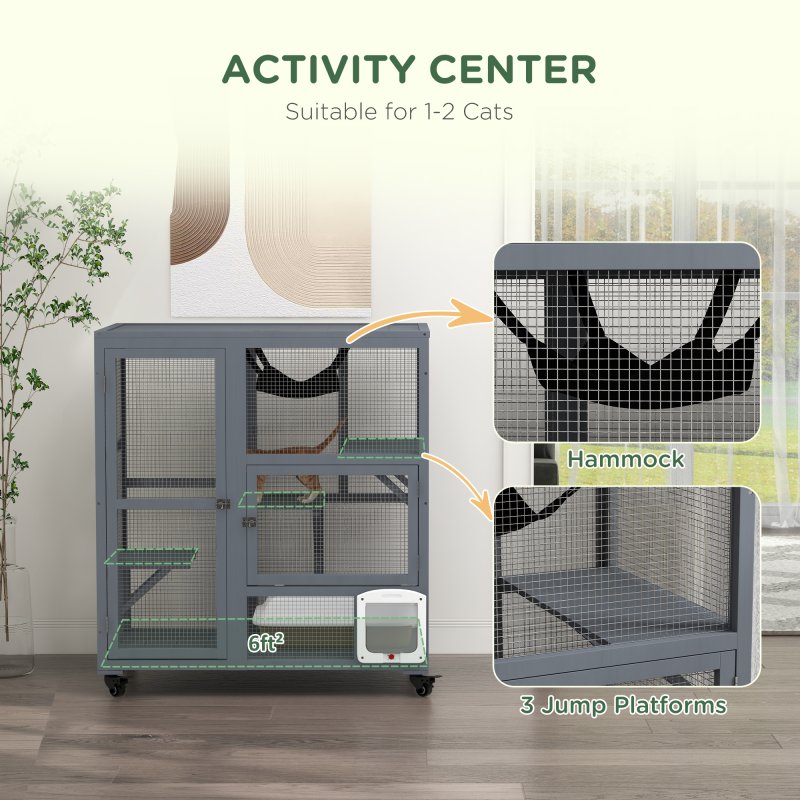 PawHut Cat Cage House, Catio Cat Indoor Enclosure on Wheels, Weather-Resistant Wooden Kitty Cage with Platforms, Hammock, Light Grey