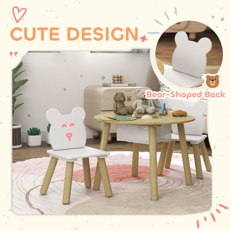 AIYAPLAY 3 Pieces Toddler Table and Chair Set with Centre Mesh Bag, Kids Activity Table Set with Bear Shaped Backrest, for Arts, Crafts Reading Dining, Aged 3-6 Years