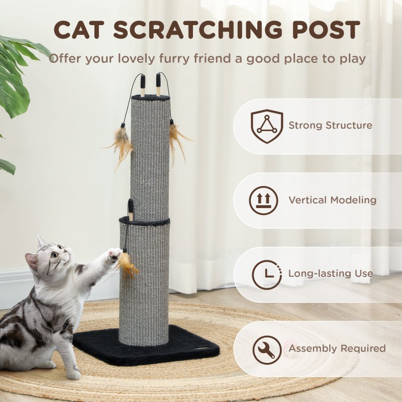 PawHut 2 in 1 Cat Scratching Post, 78cm Tall Cat Scratch Post with 3 Toy Feathers, Cat Scratcher Post for Indoor Cats and Kittens, Black