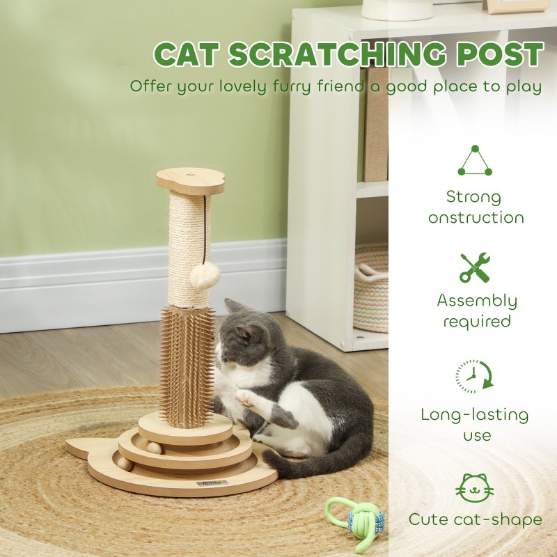 PawHut Cat Scratching Post, 49cm Cat Scratcher with Sisal Post, Interactive Track Ball Toy, Self Grooming Brush, Hanging Toy Ball, Feather, 5 in 1 Small Kitten Cat Scratch post, Oak Tone