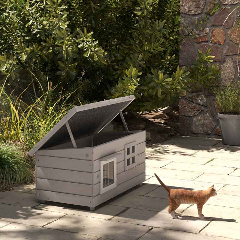 PawHut Outdoor Wooden Cat House, Elevated Cat Shelter Kennel, Pet Play House with Openable Top, Asphalt Roof, Window, 87 x 52 x 44 cm, Grey