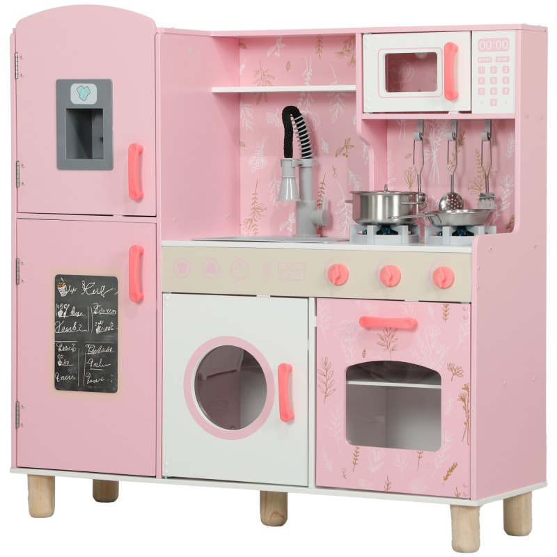 AIYAPLAY Toy Kitchen, Pretend Role Play Kitchen, Kids Kitchen Set with Lights and Sounds, Double Stoves, Ice Maker, Chalkboard, Microwave, Oven, Sink, 5 Accessories, for 3+ Years, Pink