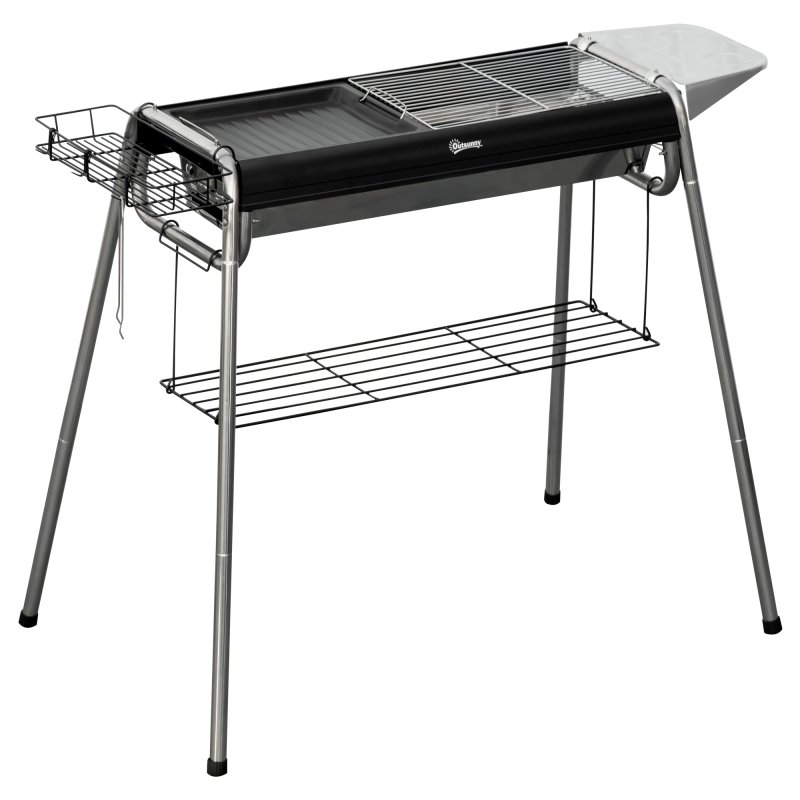 Outsunny Portable Charcoal Barbecue BBQ Grill with Griddle Plate, Easy Assembly, Stainless Steel Cooker with Seasoning Baskets, Storage Shelves and Hooks for Camping Picnic Hiking Garden Party