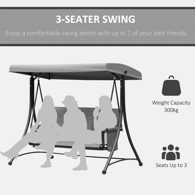 Outsunny 3 Seater Garden Swing Seat Outdoor Swing Chair with High Back Design, Steel Frame, Side Pouches, Adjustable Canopy, Charcoal Grey