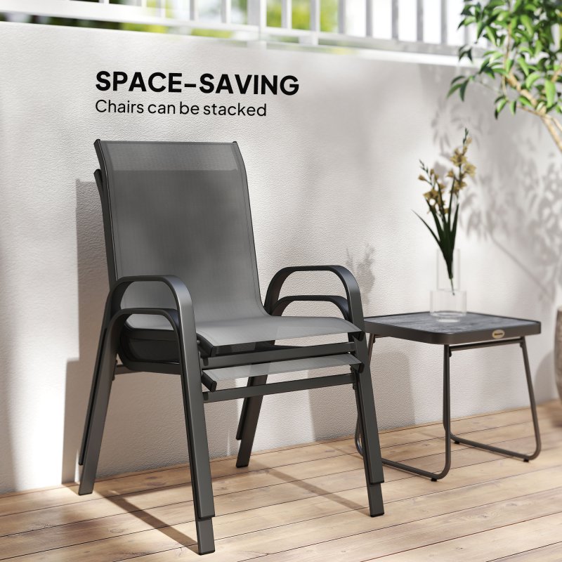 Outsunny 3 Pieces Outdoor Bistro Set, Patio Stackable Armchairs with Breathable Mesh Fabric and SPC Board Coffee Table, Light Grey