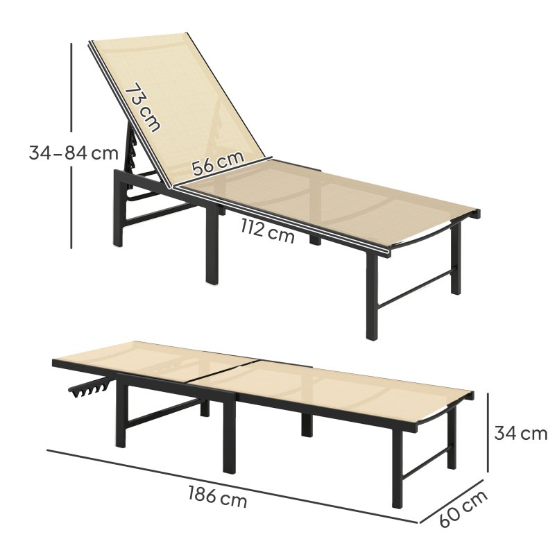 Outsunny Sun Loungers for Garden Set of 2, 5-Level Adjustable Reclining Sun Lounger Chairs, Flat Garden Lounger Sunbed with Texteline Seat, Steel Frame for Patio, Beach, Khaki