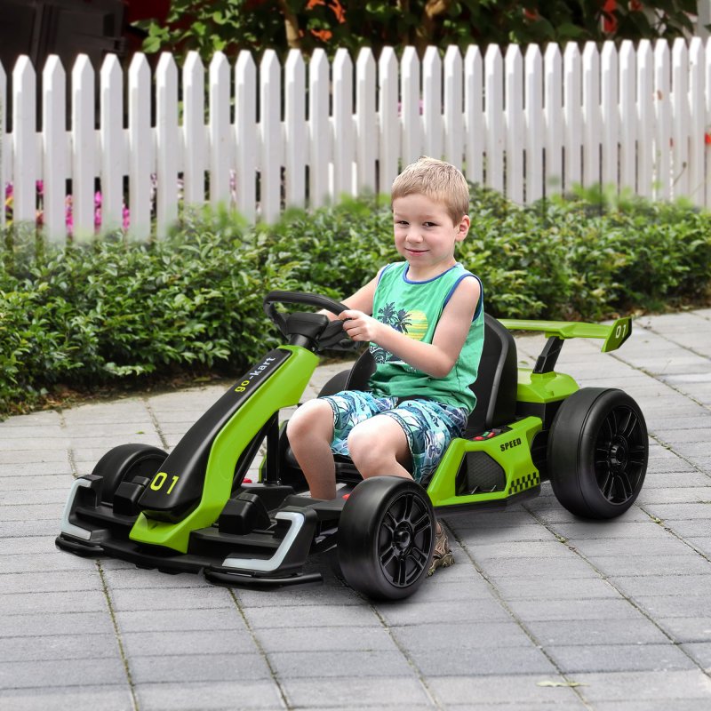 HOMCOM 24V Electric Go Kart for Kids, Ride On Racing Kart with Adjustable Seat, Battery Powered Drifting Ride On Car with Music, Light, Slow Start, Button Start, Horn, for 6-12 Years, Green