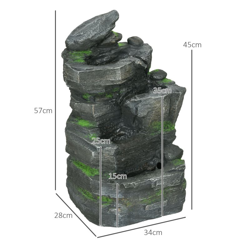 Outsunny Solar Powered Garden Water Feature with LED Lights and Pump, 4 Tier Cascading Water Fountain for Indoor/Outdoor, Stacked Stone Rock Waterfall Ornament, 57cm Height, Dark Grey
