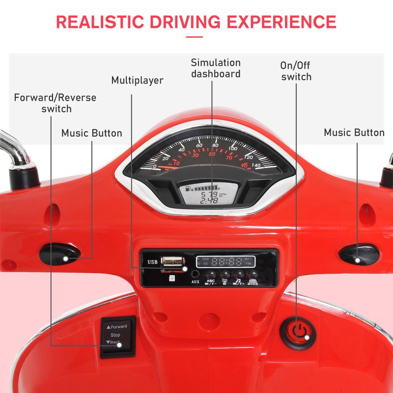 HOMCOM 6V Kids Electric Motorcycle Licensed Vespa Ride On Motorbike w/ MP3 Music LED Toy for 3-6 Years Old Red