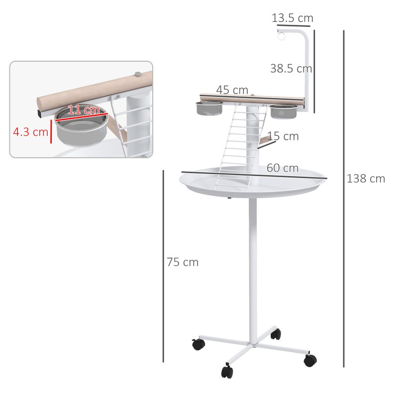 PawHut Bird Table, Bird Feeding Station with Wheels, Perches, Stainless Steel Feed Bowls, Round Tray for Indoor - White