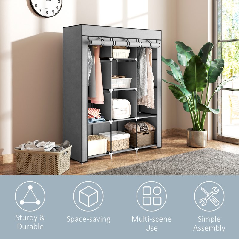 HOMCOM Fabric Wardrobe, Portable Wardrobe, Clothes Storage Unit with 8 Shelves, 2 Hanging Rods, 125 x 43 x 162.5 cm, Light Grey