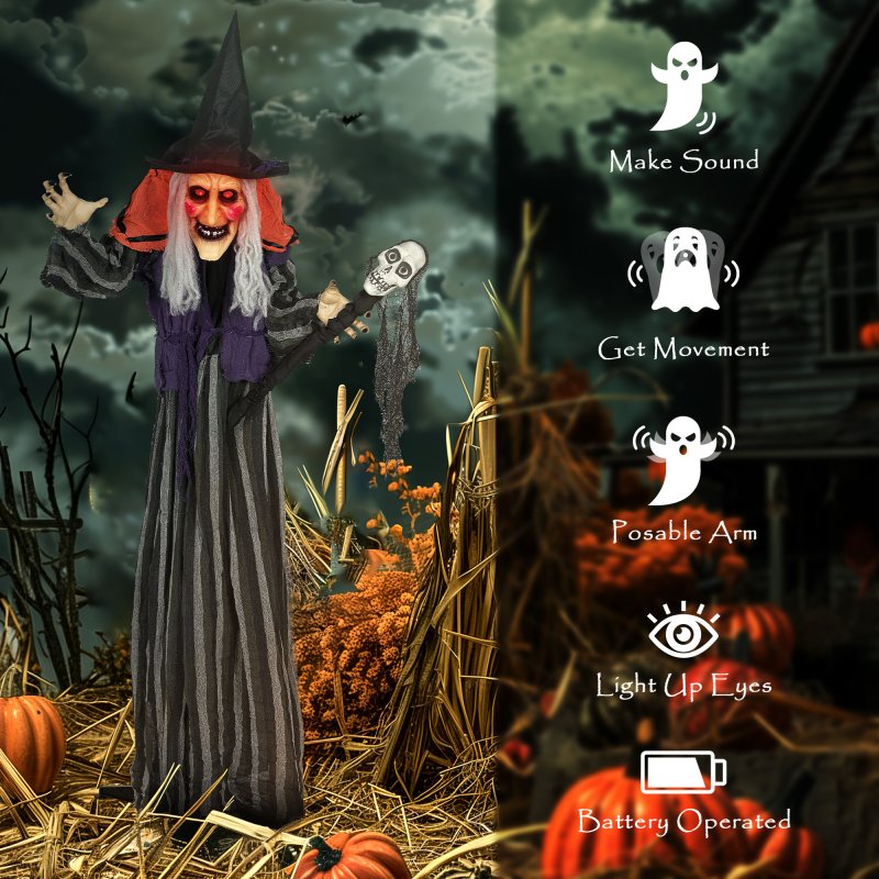 Outsunny 160 cm Life Size Halloween Animated Standing Witch & Skull Staff with Glowing LED Eyes & Head, Spooky Witch Scary Halloween Decorations, Battery Operated, Indoor Party Props