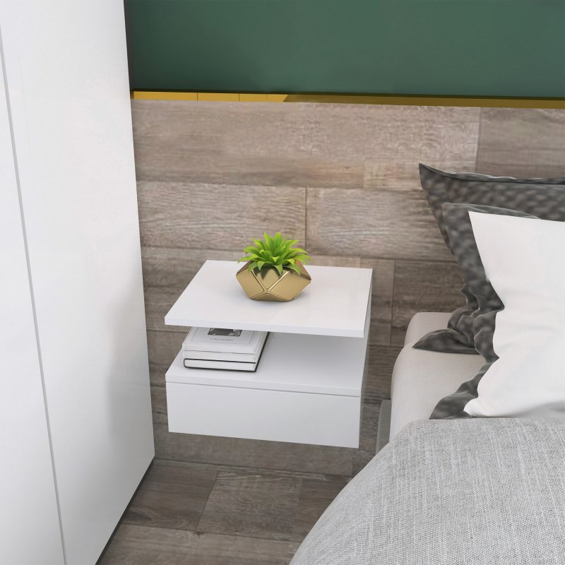 HOMCOM Floating Bedside Table Set of 2, Wall Mount Nightstands with Storage Drawer and Open Shelf for Bedroom, White