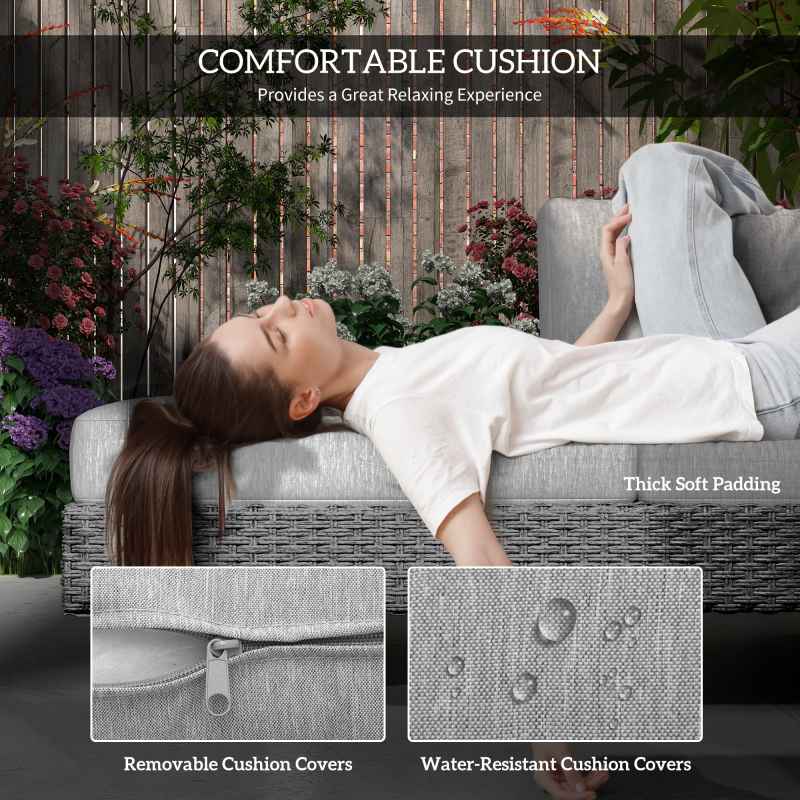 Outsunny 3 Pieces Rattan Garden Furniture Set, Wicker Garden Sofa Set with 3-Seater Sofa, Loveseat, Coffee Table, Side Table & Cushions, 5-Seater Outdoor Furniture Set, Light Grey