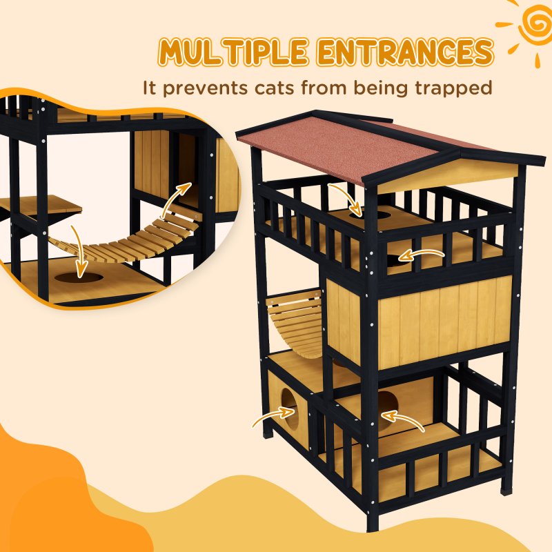 PawHut Outdoor Cat House Wooden Cat Shelter, 4 Tier with Suspension Bridge, Balcony, Escape Doors Water-Resistant Roof, for 1-2 Cats