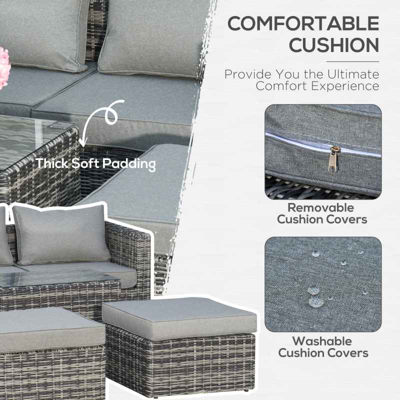 Outsunny 5 Piece Rattan Garden Furniture Set w/ 10cm Thick Cushions, Aluminium Frame Wicker Outdoor Balcony Sofa Set with Corner Armchairs, Ottomans, and Glass Top Table, Mixed Grey