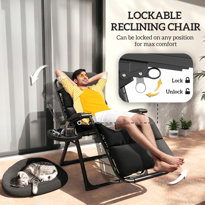 Outsunny Zero Gravity Chairs Set of 2, Folding Reclining Garden Chair, Outdoor Sun Lounger with Cushion, Garden Recliner Chairs with Headrest and Cup Phone Holder Tray for Beach, Black