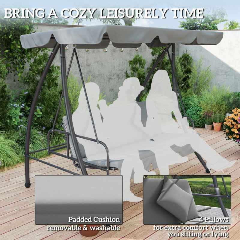 Outsunny Outdoor 2-in-1 Swing Chair Lounger 3 Seater Garden Swing Seat Bed Hammock Bed Convertible Tilt Canopy W/ Cushion, Light Grey
