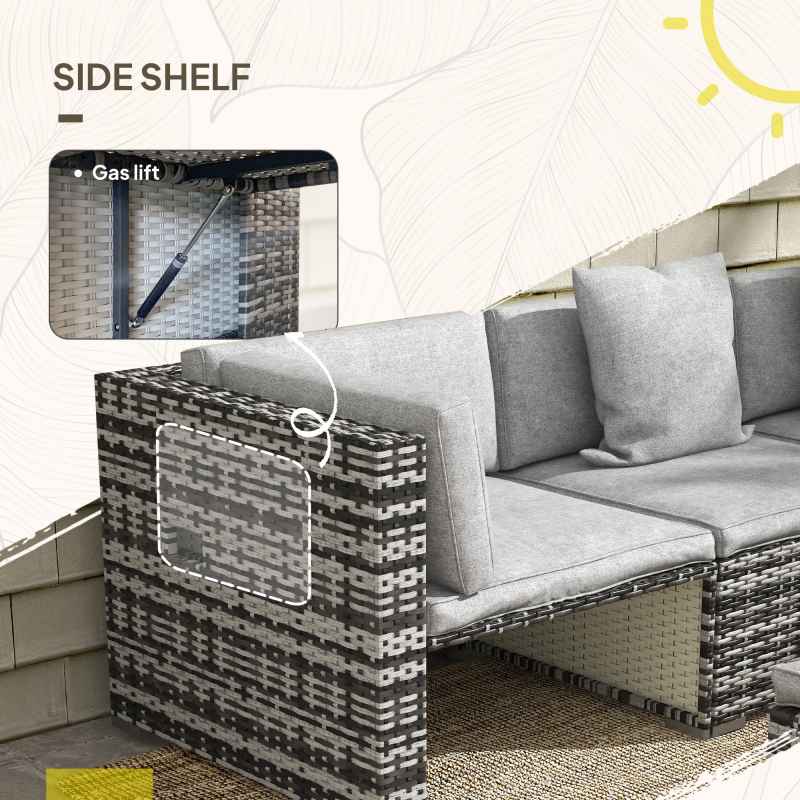 Outsunny 7 Pieces PE Rattan Garden Sofa Set Patio Furniture Set with Glass Table, Stools, Cushions, Pillows, for Outdoor Balcony, Mixed Grey