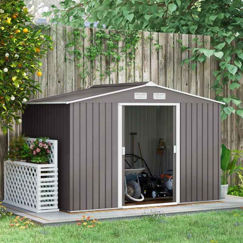 Outsunny 9 x 6ft Metal Garden Shed, Outdoor Storage Tool House with Ventilation Slots, Foundation Kit and Lockable Double Doors, Grey