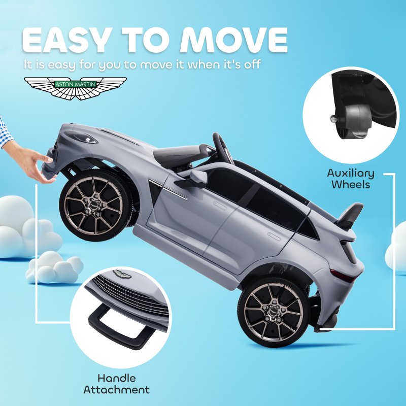 AIYAPLAY Aston Martin DBX Licensed 12V Kids Ride on Car, Kids Electric Car with Remote Control, 4 Suspension Wheels, LED Lights, Music, Horn, Slow Start, for Ages 3-6 Years, Grey