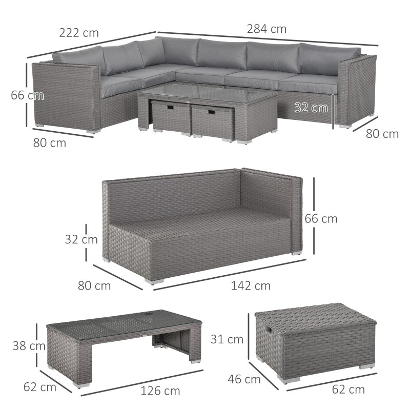 Outsunny 6 Pieces Rattan Garden Furniture Set, Wicker Garden Corner Sofa Set with 10cm Thickened Cushions, Aluminium Frame Conservatory Furniture with Glass Top Coffee Table, Footstools, Grey
