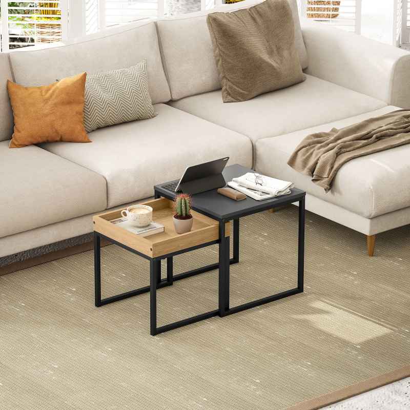 HOMCOM Nesting Coffee Table Set of 2, Modern Nest of Tables, Square Sofa Side Tables with Steel Frame for Living Room, Bedroom, Small Space, Black