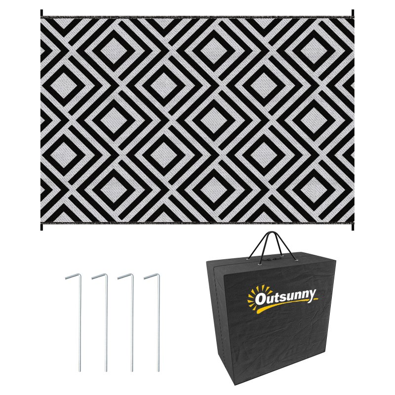 Outsunny Reversible Outdoor Rug with Carry Bag, Waterproof Plastic Straw Mat for Garden, Deck, RV, Picnic, Beach, Camping, 182 x 274cm, Black & White
